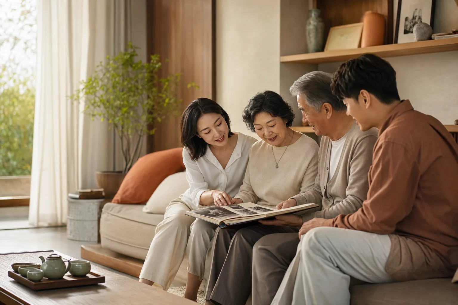 一家人在家中共同查看家庭信息